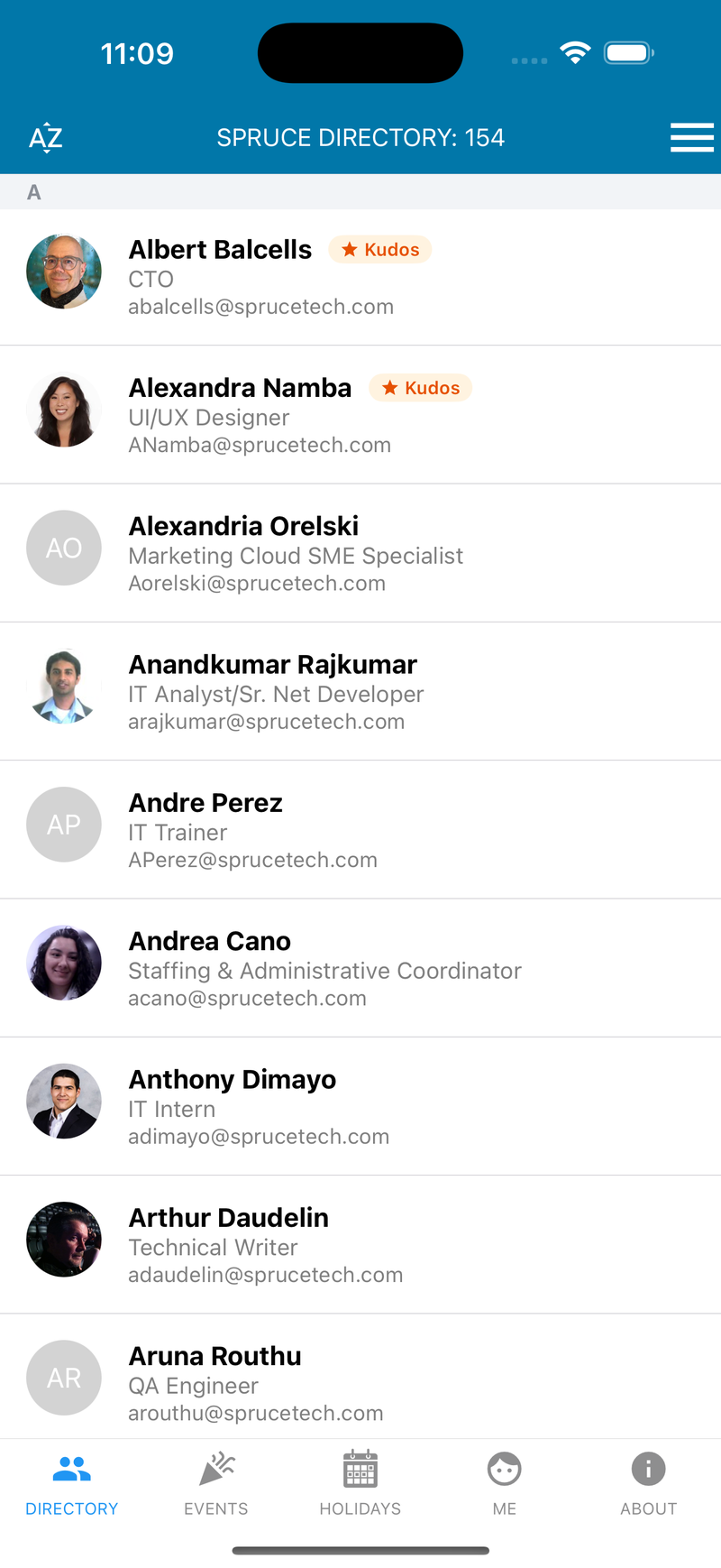 EmployeeRoster directory showing employees with photos and titles