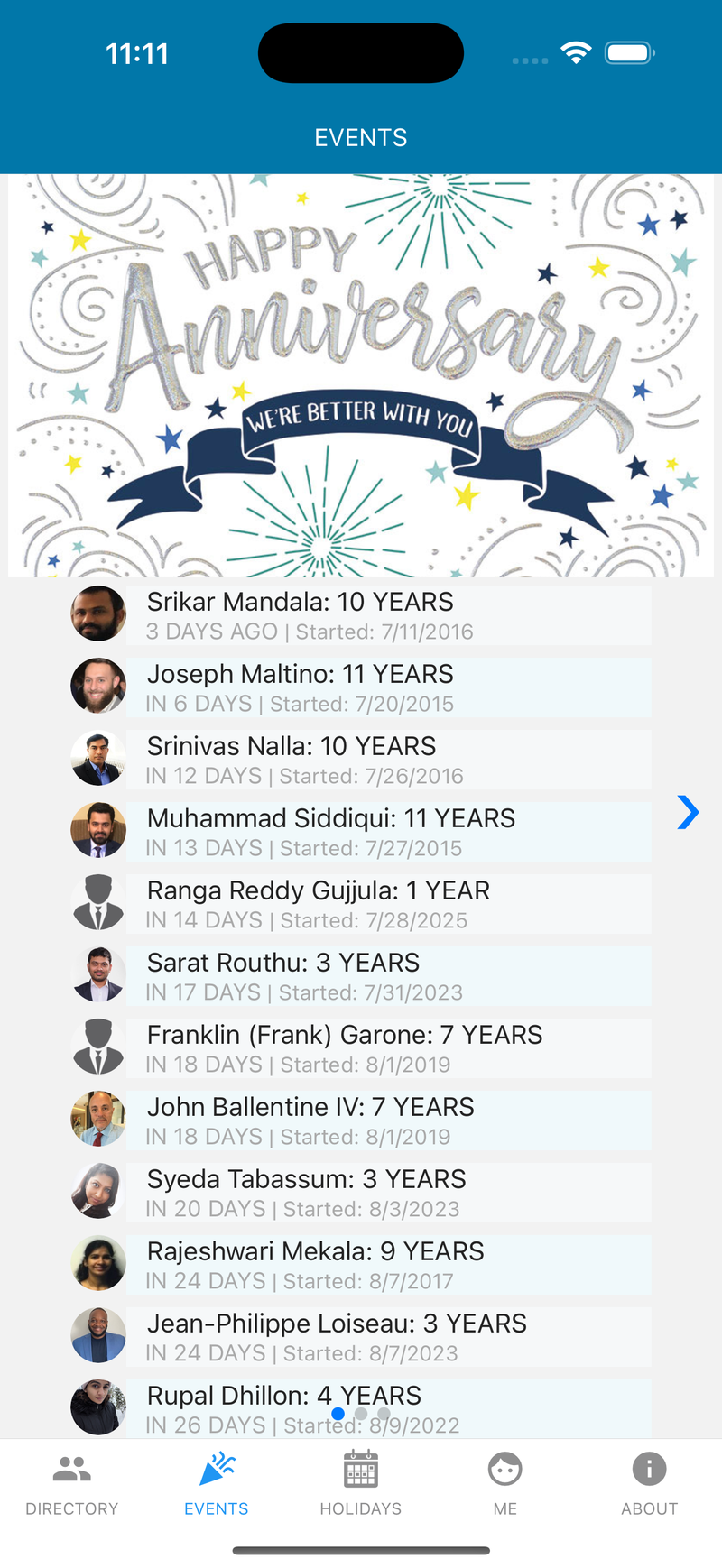 Events screen listing upcoming work anniversaries