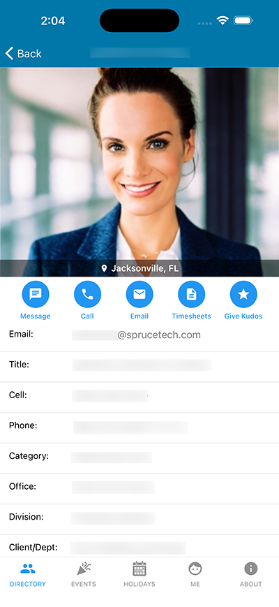 Employee profile with contact actions and details