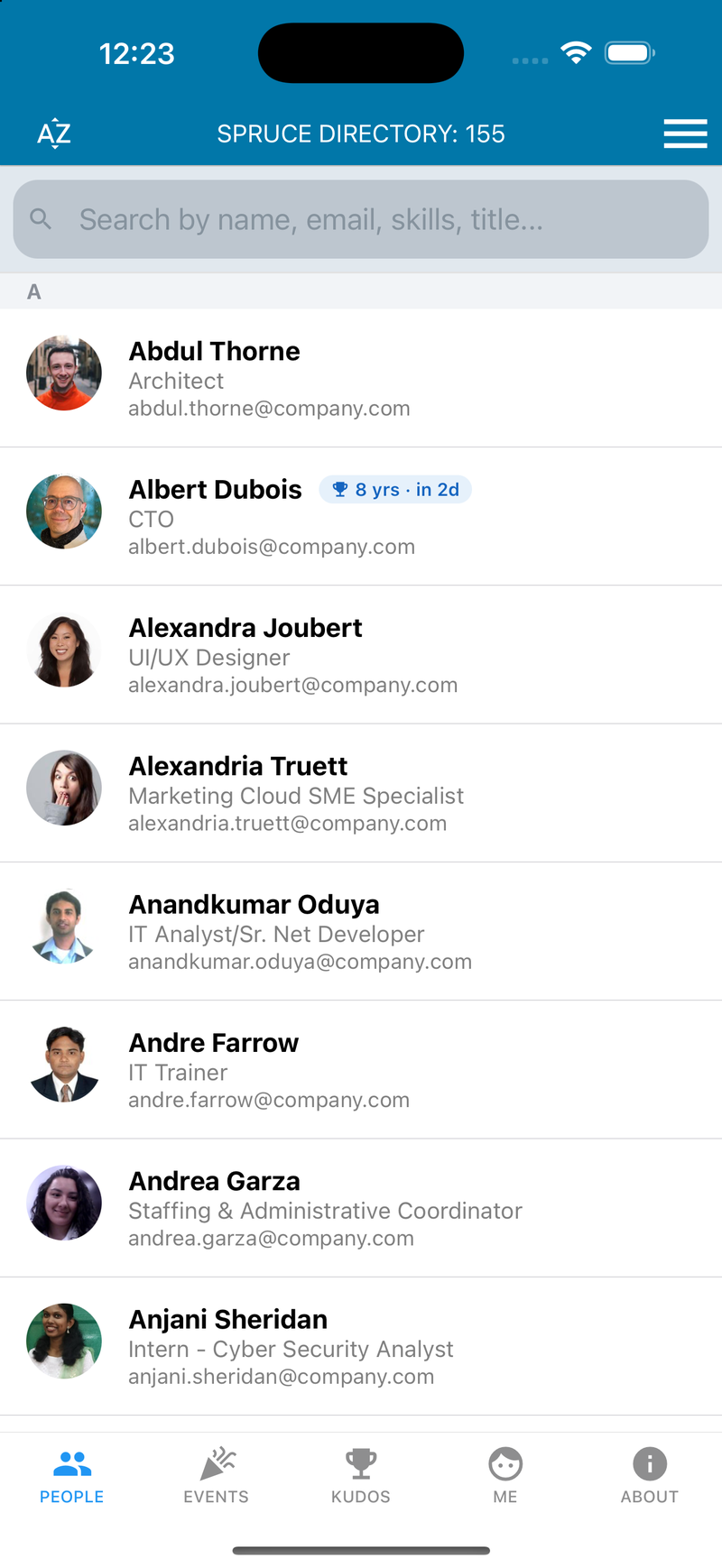 Alphabetical employee directory with search